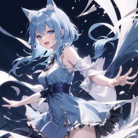 souya itika,solo,1girl,<lora:souya itika3:1>, animal ears, cowboy shot, mid shot, look at view, blue hair, laugh, blue eyes, light particles,