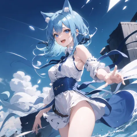souya itika,solo,1girl,<lora:souya itika3:1>, animal ears, cowboy shot, mid shot, look at view, blue hair, laugh, blue eyes, light particles,