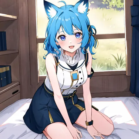 (masterpiece, best quality:1.2),illustration,8k,hd,1girl,solo,upper body,(portrait:1.2),blue_hair,yellow_eyes,animal_ears,short_hair,hair_ornament,fox_ears,smile,hair_bell,jingle_bell,midriff,tail,bare_shoulders,blue_skirt,crop_top,detached_sleeves,fang,fox_tail,miniskirt,pleated_skirt,scarf,single_thighhigh,white_shirt,white_thighhighs,wide_sleeves,armpits,long_sleeves,medium_breasts,navel,thighs,white_scarf,sideboob,stomach,zouri,<lora:Fubuki(azur)>,