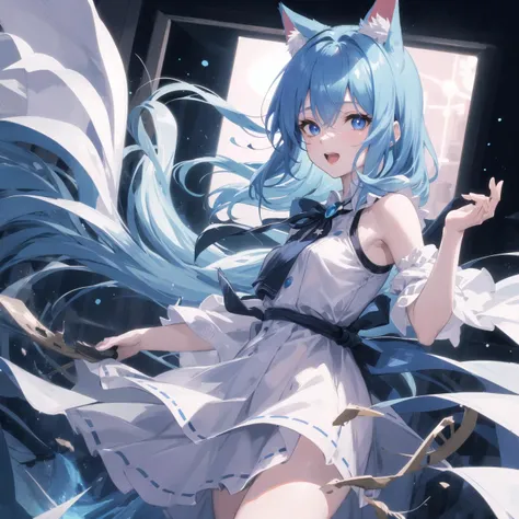 souya itika,solo,1girl,<lora:souya itika3:1>, animal ears, cowboy shot, mid shot, look at view, blue hair, laugh, blue eyes, light particles,