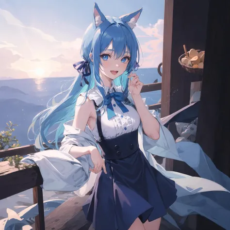 souya itika,solo,1girl,<lora:souya itika3:1>, animal ears, cowboy shot, mid shot, look at view, blue hair, laugh, blue eyes, light particles,