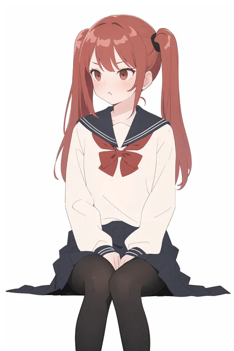 (best quality, masterpiece, highres),1girl,solo,red hair,twintails,school uniform,black pantyhose,pout,sitting,blush,simple background,looking to the side,