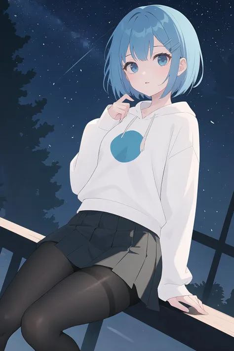 (best quality, masterpiece, highres),1girl,solo,blue hair,short hair,hairclip,sweatshirt,black pantyhose,checkered_skirt,thighs,sleeves_past_fingers,night,stars,sky,gradient_sky,