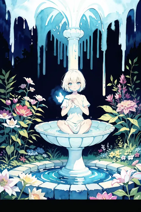 absurdres, highres, ultra detailed, solo, female forest spirit sits by a fountain in a bioluminescent garden, surrounded by glowing flora, ethereal, pastel colors, surreal, (watercolor \(medium\), IrisCompiet:1.2),