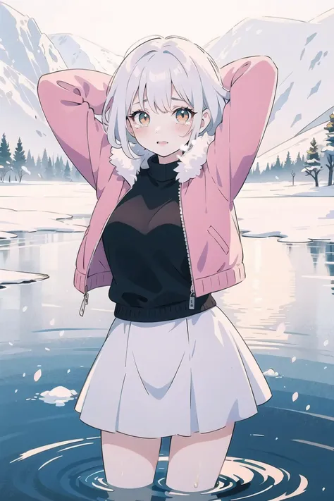 masterpiece, best quality, 1girl, ((orange_hair)), (green_eyes), freckles, short hair, messy hair, looking at viewer, ((pink_jacket)), (white skirt), (black_sweater), ripples, (white hair on front), reflective water, fur collar, arms behind head, water, lake, frozen lake, wading, snow, backlighting, (snow storm), ((blizzard)), tearing up, streaming tears, blue fog, icicle, splashing,