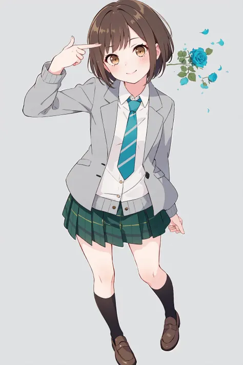 best quality, masterpiece, highres,1girl,solo,full body,,patterned background,from above,
(blue rose:1.2),(looking at viewer, light smile, head tilt, g2h, (gun to head:1.2),( fingergun:1.2),blush,
hazawa tsugumi, short hair, brown hair, brown eyes,small breasts,green necktie, striped necktie,plaid skirt,green skirt,(grey jacket:1.2), loafers,kneehighs,