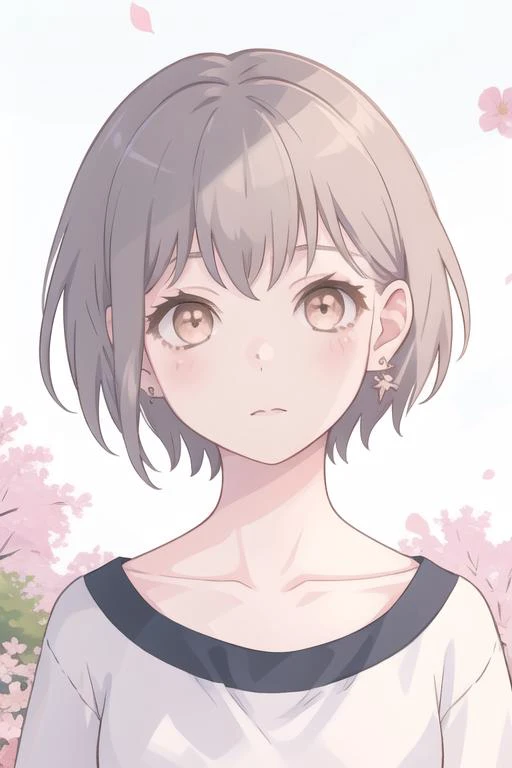 <lora:TakamatsuTomori:0.8>, tomomygo, 1girl, solo, short hair, grey hair, brown eyes, earrings, eyeshadow, upper body, portrait, collarbone, (closed mouth:0.67), (flower sky:0.87)