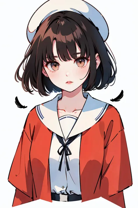 (extremely intricate:1.2)>,1girl,solo,BREAK cinematic light,ultra high res,8k uhd,perfect anatomy,exquisitely detailed skin,best shadow,delicate,RAW,(short hair:1.2),(shaded face:1.2),(full body:1.3),
leaves_in_wind,1girl,katou_megumi,wind,solo,graduation,school_uniform,short_hair,white_sailor_collar,sailor_collar,brown_eyes,brown_hair,upper_body,gradient_background,bangs,gradient,feathers,looking_at_viewer,flower,serafuku,parted_lips,brown hair,bangs,short hair,brown eyes,beret,red cardigan,open red cardigan,open clothes,white dress,frills,long sleeves,medium breasts,
