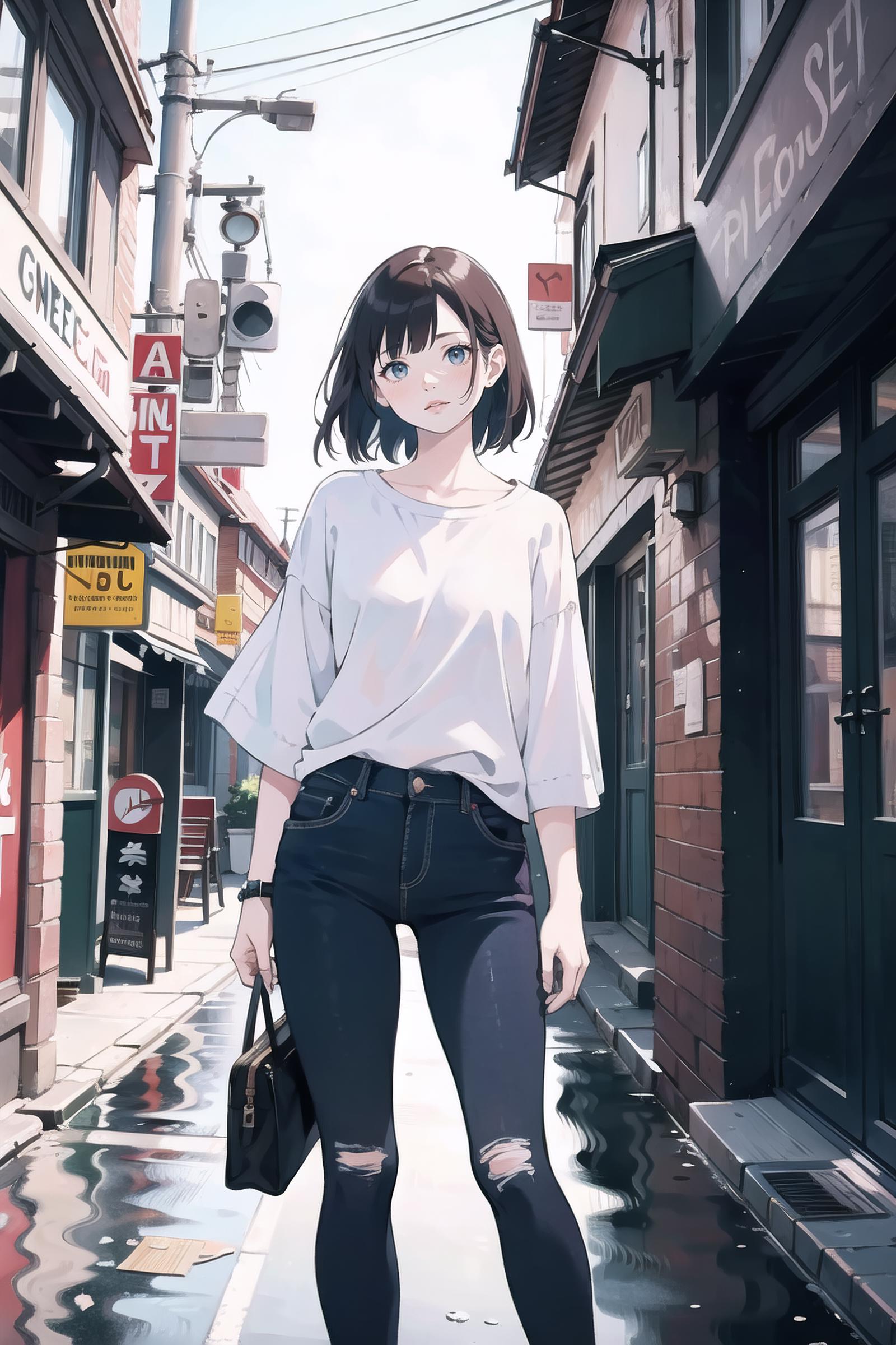 Anime girl in white shirt and black jeans standing on a sidewalk ...