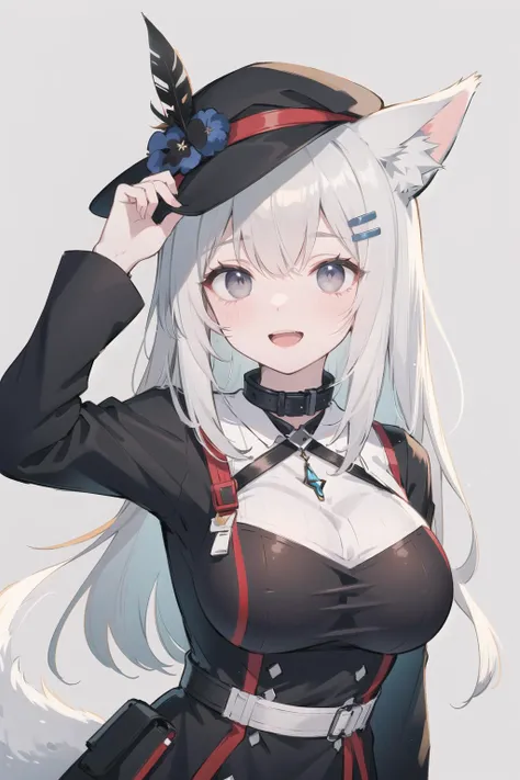 (masterpiece, best_qualiity, highres, absurdres), BREAK
lappland \(arknights\), 1girl, adjusting clothes, adjusting headwear, animal ear fluff, animal ears, arm up, black collar, black dress, black headwear, blue background, breasts, collar, dress, ears through headwear, feather boa, grey eyes, grey hair, hair ornament, hairclip, hat, large breasts, long hair, looking at viewer, open mouth, scar, scar across eye, simple background, sketch, smile, solo, upper body, wolf ears, wolf girl, meng ziya, arknights