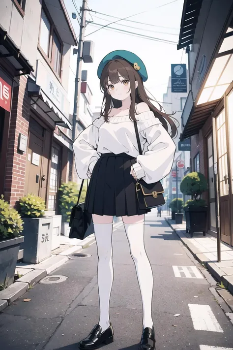 (masterpiece, top quality, best quality), (splash art), european girl, japanese street, hands on hips, bag, street, bangs, bare shoulders, beret, black footwear, black headwear, brown eyes, brown hair, closed mouth, handbag, hat, holding, long hair, long sleeves, looking at viewer, off shoulder, shoes, skirt, sleeves past wrists, socks, solo, sweater, white legwear,