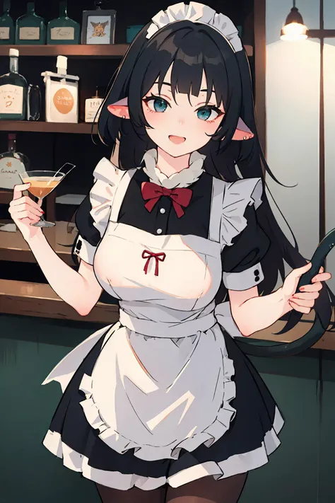 1girl, jane doe \(zenless zone zero\), long hair, solo, maid, maid headdress, maid apron, smile, embarrassed, pantyhose, open mouth, smug, cowboy shot, bar \(place\), indoors, depth of field, seductive smile , looking at viewer, tail