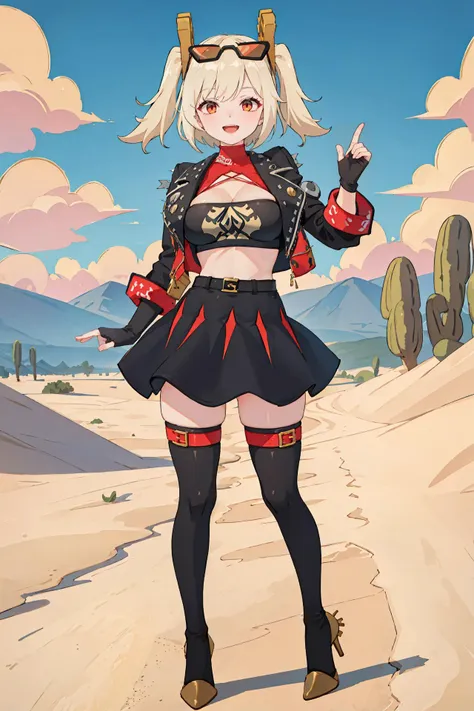 1girl, burnice white, twintails, black skirt, hair ornament, sunglasses on head, latex thighhighs, smile, cropped jacket, fingerless gloves, sleeveless turtleneck, tube top, looking at viewer, smiling, open mouth, desert, outdoors, depth of field, standing, full body, pumps