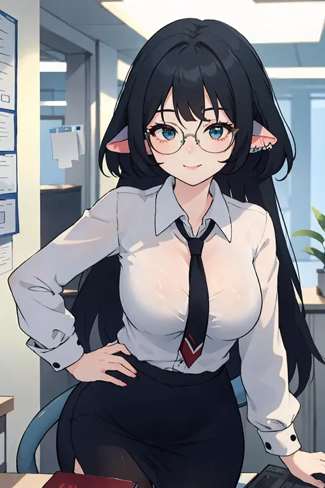 1girl, jane doe \(zenless zone zero\), long hair, solo, office lady, white collared shirt, pencil skirt, black pantyhose, glasses, seductive smile , looking at viewer, hand on hip, office, indoors, depth of field, tail