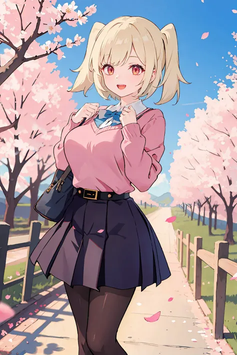1girl, burnice white, twintails, solo, school uniform, white shirt, sweater, pleated skirt, pantyhose, smile, open mouth, looking at viewer, outdoors, desert, cherry blossoms, petals, depth of field