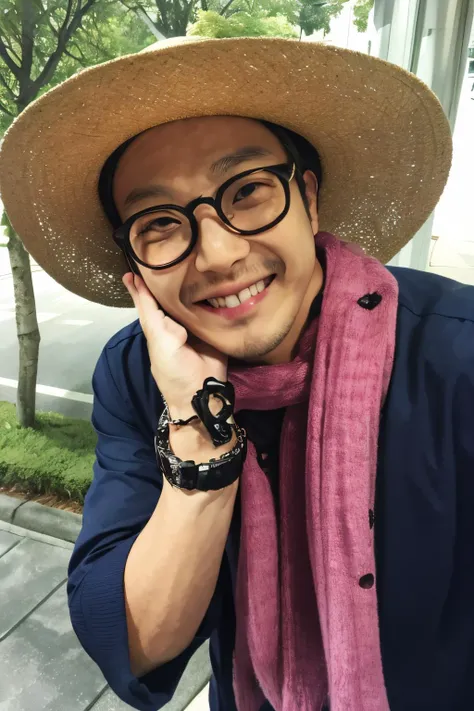 1boy , ,smile, solo,upper body , outdoors, <lora:Celebrity-haha_donghoon_v1:0.8>,glasses, haha, haroro,hat,
masterpiece, high quality, highres, realistic,