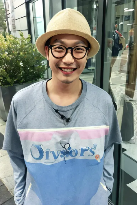 1boy , ,smile, solo,upper body , outdoors, <lora:Celebrity-haha_donghoon_v1:0.8>,glasses, haha, haroro,hat,