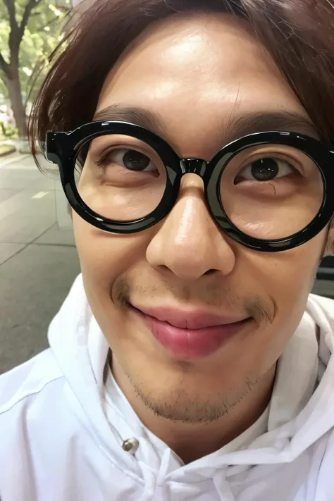 1boy , ,smile, solo, close-up, outdoors, <lora:Celebrity-haha_donghoon_v1:0.8>,glasses, haha, haroro