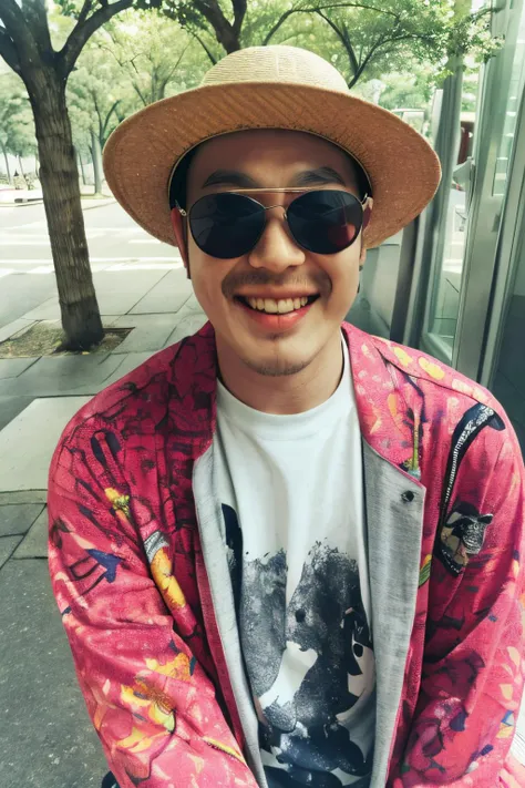 1boy , ,smile, solo,upper body , outdoors,  <lora:Celebrity-haha_donghoon_v1:0.8>, sunglasses, haha, haroro,hat, 
masterpiece, high quality, highres, realistic,