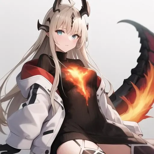 masterpiece,best quality,absurdres,highres,1girl,solo,upper body,long_hair,white_jacket,dragon_horns,black_thighhighs,dragon_tail,open_jacket,black_gloves,ahoge,thigh_boots,looking_at_viewer,black_sweater,black_footwear,turtleneck,long_sleeves,flame-tipped_tail,fire,black_dress,jewelry,white_hair,bangs,ribbed_sweater,<lora:Reed(ark)>,