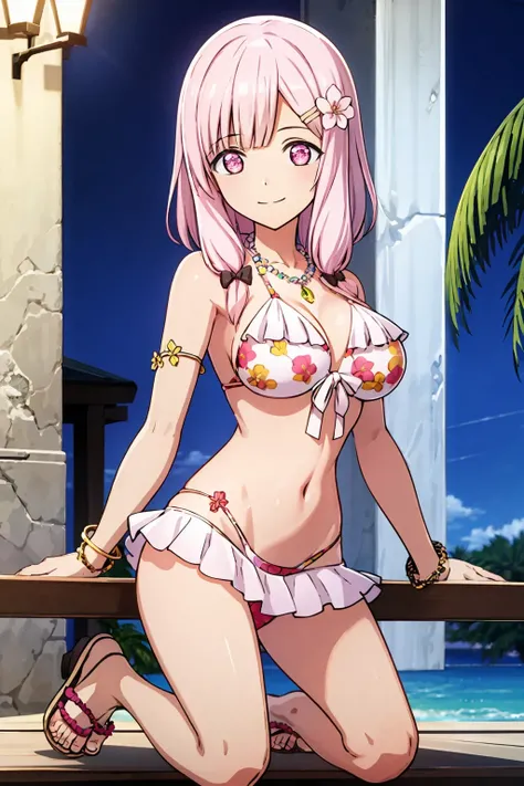 (masterpiece, best quality, hires, high resolution:1.2, 8k , high quality),extremely detailed eyes,intricate details,
outdoors,looking at viewer,light smile,
1girl,solo,<lora:nacht_20240224_3-000006:0.7>,n@cht,hair bow,hairclip,pink eyes,pink hair,hair ornament,
urbikini,sandals,necklace,frilled bikini,scrunchie,bracelet,hair flower,frills,cleavage,navel,floral print,bikini skirt,bare shoulders,
from below,standing,spread legs,arms behind back