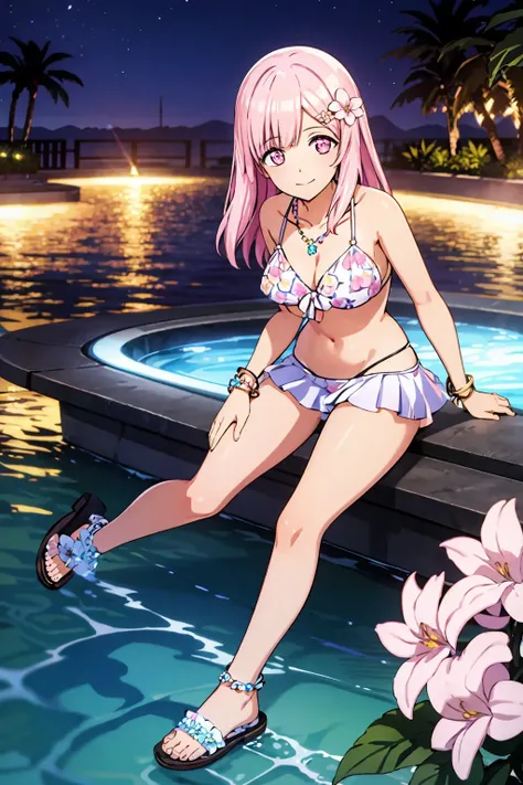 (masterpiece, best quality, hires, high resolution:1.2, 8k , high quality),extremely detailed eyes,intricate details,
outdoors,looking at viewer,light smile,
1girl,solo,<lora:nacht_20240218:0.7>,nacht,hair bow,hairclip,pink eyes,pink hair,
urbikini,sandals,flower necklace,necklace,frilled bikini,flower bracelet,bracelet,hair flower,frills,cleavage,navel,floral print,bikini skirt,bare shoulders