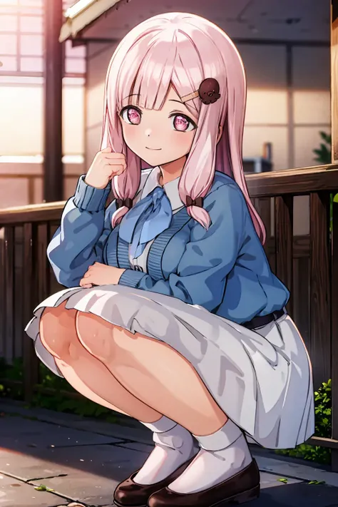 (masterpiece, best quality, hires, high resolution:1.2,  8k , high quality),extremely detailed eyes,intricate details,
outdoors,looking at viewer,light smile,
1girl,solo,<lora:nacht_20240218:0.8>,nacht,hair bow,hair ornament,hairclip,pink eyes,pink hair,
socks, cardigan, bowtie, loafers, collared shirt, long skirt, belt