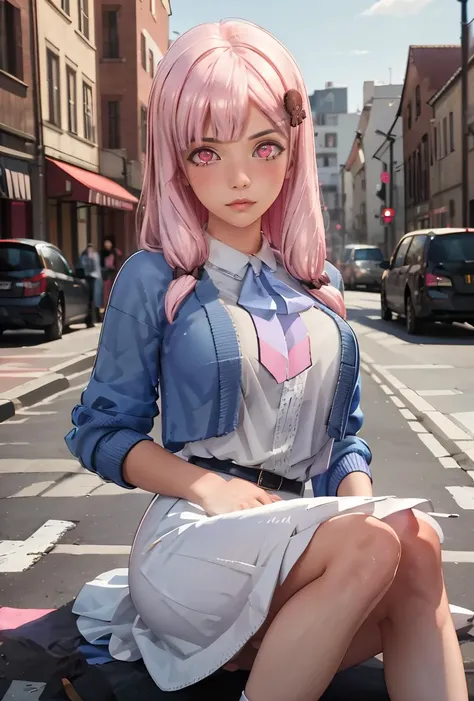 (masterpiece, best quality), 1girl,  <lora:nacht_20240218:0.8> nacht,hair bow,hair ornament,hairclip,pink eyes,pink hair, socks, cardigan, bowtie, loafers, collared shirt, long skirt, belt,