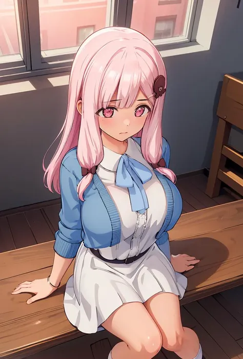 (masterpiece, best quality), 1girl,  <lora:nacht_20240218:0.8> nacht,hair bow,hair ornament,hairclip,pink eyes,pink hair, socks, cardigan, bowtie, loafers, collared shirt, long skirt, belt,