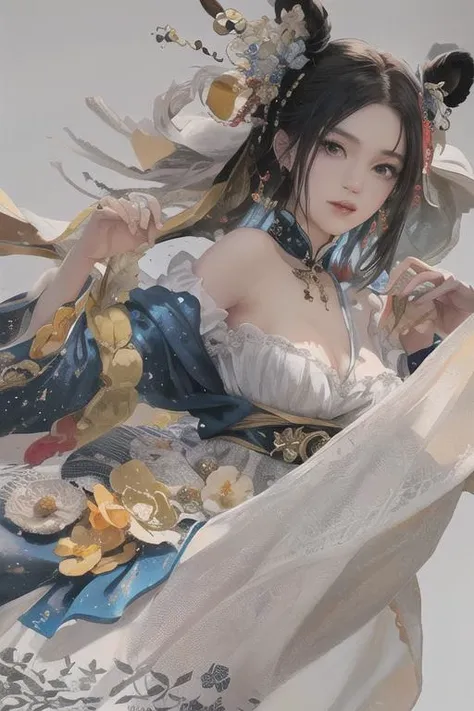 (upper body: 1.5),(white background:1.4), ((tachi-e)), original,(illustration:1.1),(best quality),(masterpiece:1.1),(extremely detailed CG unity 8k wallpaper:1.1), (colorful:0.9),(panorama shot:1.4),(full body:1.05),(solo:1.2), (ink splashing),(color splashing),((watercolor)), clear sharp focus,{ 1girl standing },((chinese style )),(flowers,woods),outdoors,rocks, looking at viewer, make happy expressions,soft smile,pure,beautyfull detailed face and eyes,beautyfull intricacy clothing decorative pattern details, black hair,black eyes,colorwater