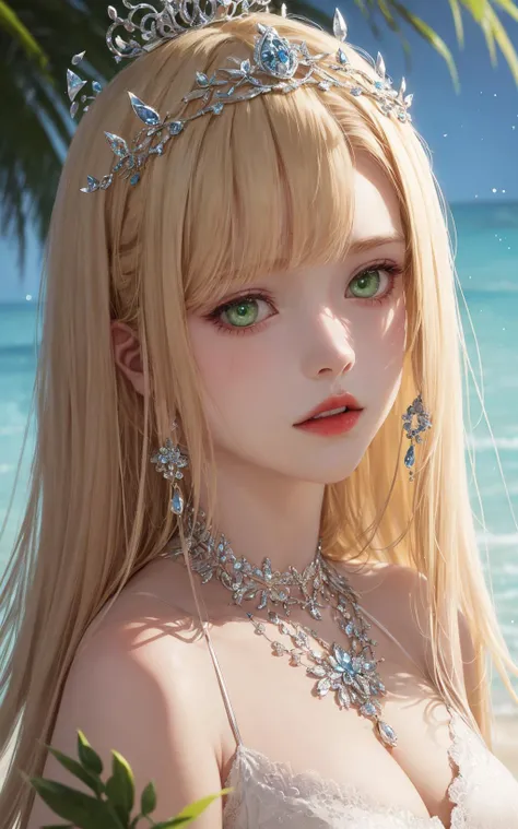 masterpiece, best quality, official art, beautiful and aesthetic, extreme detailed,colorful,highest detailed,
1girl, perfect female body, (large breasts:0.8), low-cut, green luminous eyes, sacred face, see-through dress, (red lips:0.9), very long hair, Blonde hair, looking at viewer, jewelry, necklace, tiara,
outdoors, beach, Face close-up,
(light particles:1.3),
<lora:more_details:0.25>
<lora:yuantu:0.6:PERSON>