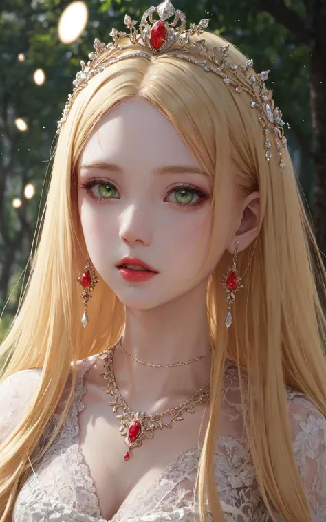 masterpiece, best quality, official art, beautiful and aesthetic, extreme detailed,colorful,highest detailed,
1girl, perfect female body, (large breasts:0.8), green luminous eyes, sacred face, see-through dress, (red lips:0.9), very long hair, Blonde hair, looking at viewer, jewelry, necklace, tiara,
outdoors, park, (portrait:1.5),
(light particles:1.3),
<lora:more_details:0.25>
<lora:yuantu:0.6:PERSON>