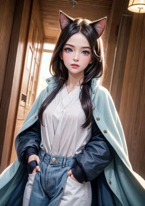 ((Highly detailed)),End product,Highly quality,Highly resolution,(Pretty eyes and face),{voluptuous}{Official art},(++Delicate facial details++),(++Delicate body details++),(Physical)(Dynamic),( 1 girl, beautiful detail eyes,beautiful detail sky, lights, dramatic angle, blue eyes, cat ears, long hair, cool, coat,hanfu,Put your hands in your pockets,beautiful girl,{{delicate face}},coat,Put your hands in your pockets),(++Fine clothes++),Official art(Extremely Fine),face light,naked:0.6, <lora:more_details:0.5>