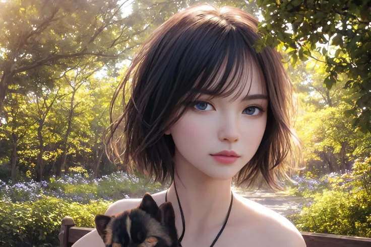 Portrait, epic composition background, wide angle lens, young woman, park bench, dog, short hair, blue eyes, slight smile, warm, golden light, soft shadows, trees overhead, 8K ultra wide-angle lens, hyper-detailed textures, dramatic lighting, contours, fur, Octane Render, Unreal Engine 5, atmospheric light volumetrics, depth, dimension, long shot, close-up shot, shallow depth of field, cinematic still quality, award-winning photography, beauty, natural world, fine art fashion editorial collection edition.