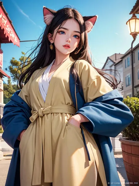 ((Highly detailed)),End product,Highly quality,Highly resolution,(Pretty eyes and face),{voluptuous}{Official art},(++Delicate facial details++),(++Delicate body details++),(Physical)(Dynamic),( 1 girl, beautiful detail eyes,beautiful detail sky, lights, dramatic angle, blue eyes, cat ears, long hair, cool, coat,hanfu,Put your hands in your pockets,beautiful girl,{{delicate face}},coat,Put your hands in your pockets),(++Fine clothes++),Official art(Extremely Fine)