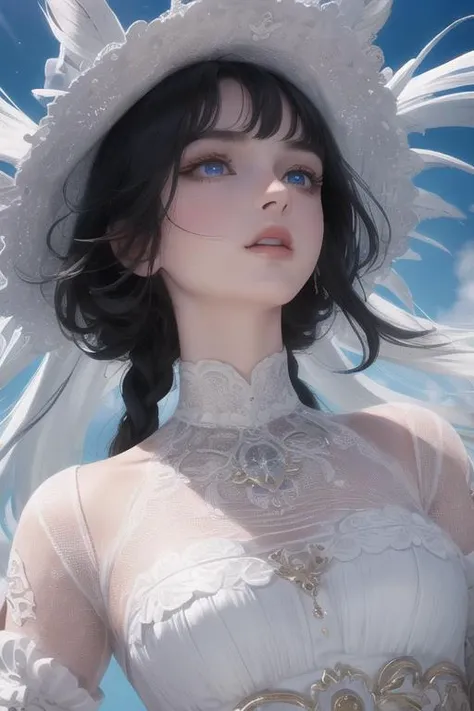best quality, masterpiece,Black hair, blue eyes, looking up, upper body