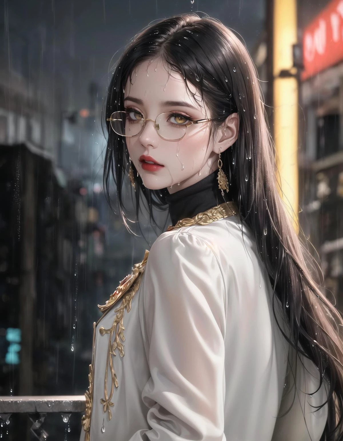 photorealistic, octane render,(8k), (4k),(Masterpiece), (Best Quality), fantasy, extremely detailed, intricate, hyper detailed, illustration, highres, cinematic lighting, dramatic angle,
(wet white long straight hair),(golden eye:1.2),red lips,
35 years old lady,
Gold rim glasses, luxurious necklace, long necklace,
(wet long white leather tiger jacket,black turtleneck sweater:1.2),
(seductive enchanting face:1.5),(hands in coat pockets:1.2),(back to viewer,look back,bust:1.4)
on the bridge,public,neon lights, night,
(raining,heavily clouded, wet body:1.3),