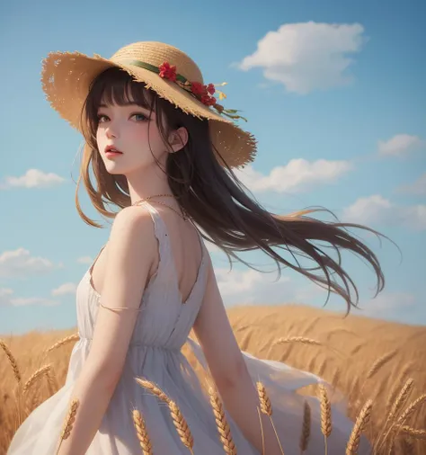 (masterpiece),(best quality:1.0), (ultra highres:1.0), detailed illustration, portrait, detailed,1girl standing in wheat field,full body, straw hat, hat ornament, wind, blue sky, necklace,looking at viewer, (foreground, wheat),