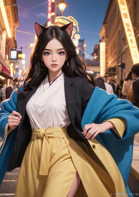 ((Highly detailed)),End product,Highly quality,Highly resolution,(Pretty eyes and face),{voluptuous}{Official art},(++Delicate facial details++),(++Delicate body details++),(Physical)(Dynamic),( 1 girl, beautiful detail eyes,beautiful detail sky, lights, dramatic angle, blue eyes, cat ears, long hair, cool, coat,hanfu,Put your hands in your pockets,beautiful girl,{{delicate face}},coat,Put your hands in your pockets),(++Fine clothes++),Official art(Extremely Fine),face light,