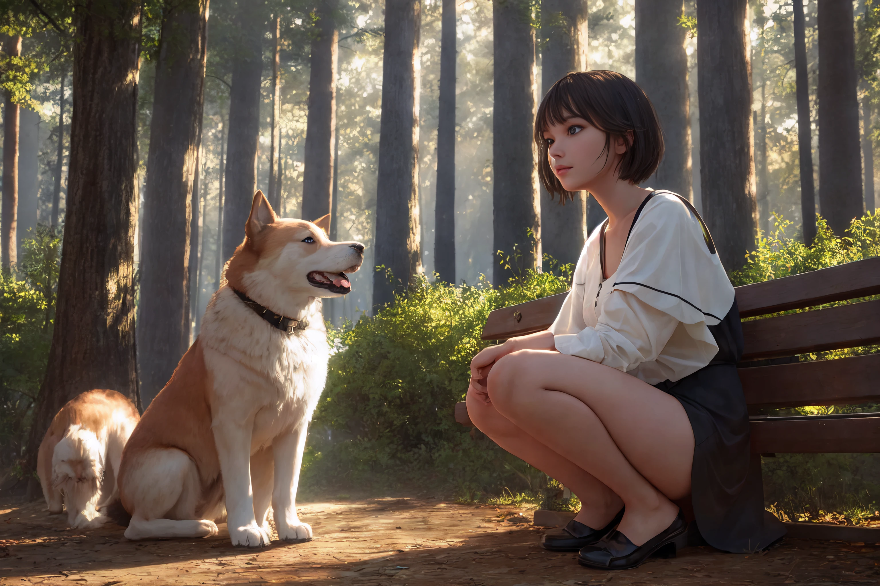 award-winning photography, ultra high detailed background, wide angle lens , young woman, park bench, dog, short hair, blue eyes, slight smile, warm, golden light, soft shadows, trees overhead, 8K, hyper-detailed textures, dramatic lighting, contours, fur, atmospheric light volumetrics, depth, dimension, shallow depth of field, cinematic still quality, beauty, the natural world, fine art fashion editorial collection edition, Unreal Engine 5