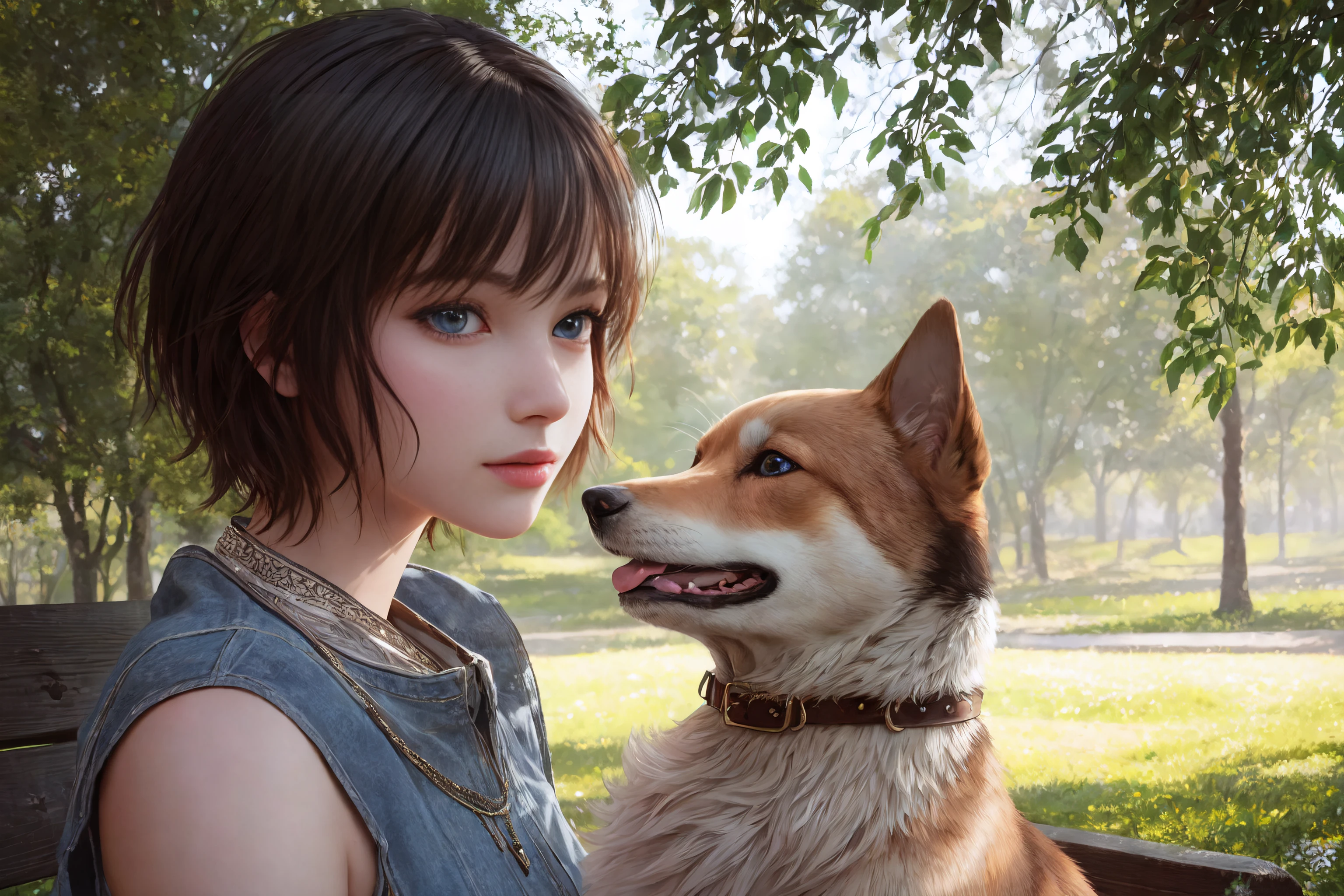 Portrait , highly detailed background, close-up shot , young woman, park bench, dog, short hair, blue eyes, slight smile, warm, golden light, soft shadows, trees overhead, 8K, hyper-detailed textures, dramatic lighting, contours, fur, atmospheric light volumetrics, depth, dimension, shallow depth of field, cinematic still quality, beauty, the natural world, fine art fashion editorial collection edition, Unreal Engine 5