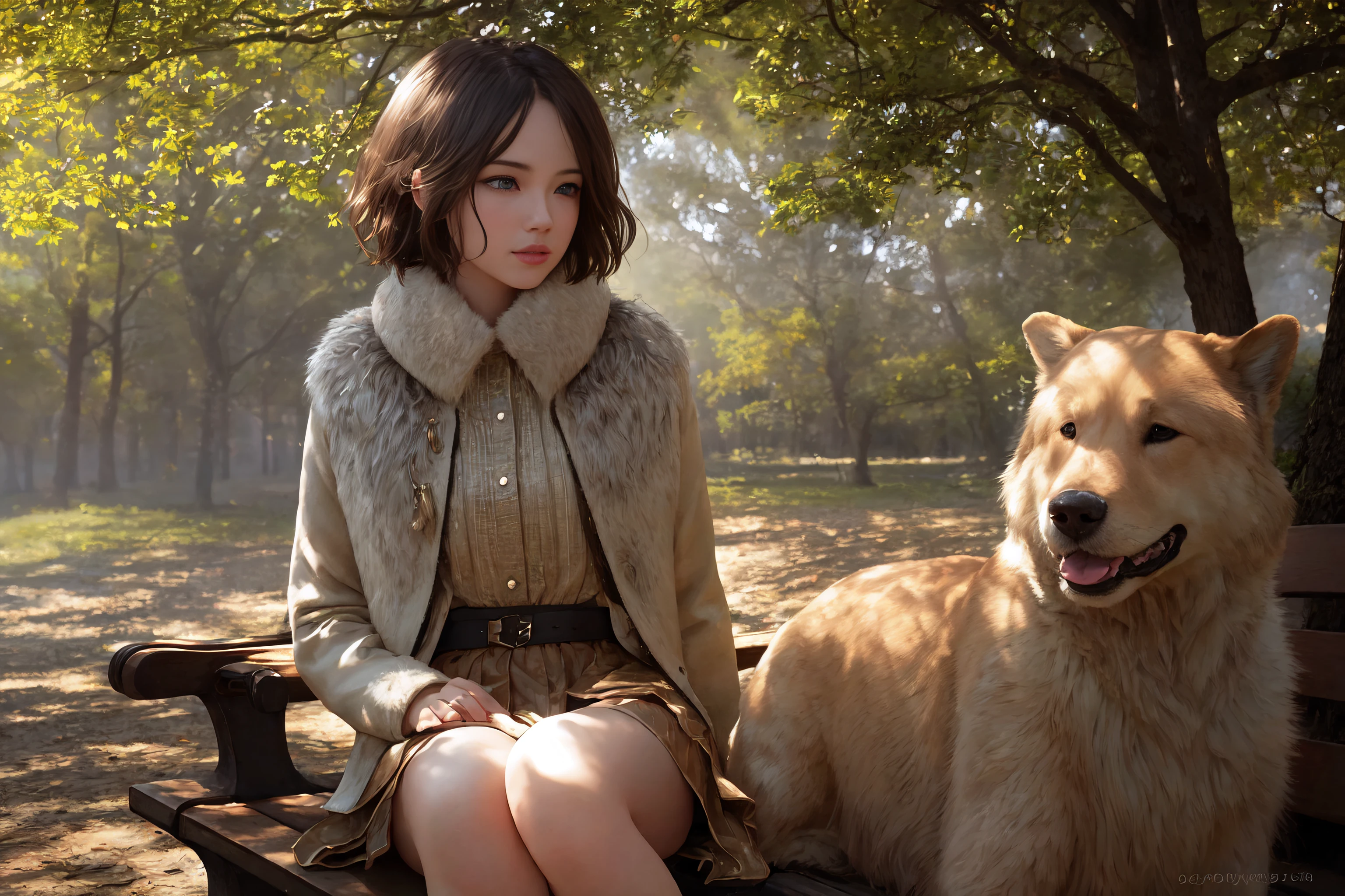 Portrait, ultra high detailed background, wide angle lens, young woman, park bench, dog, short hair, blue eyes, slight smile, warm, golden light, soft shadows, trees overhead, 8K ultra wide-angle lens, hyper-detailed textures, dramatic lighting, contours, fur, Octane Render, Unreal Engine 5, atmospheric light volumetrics, depth, dimension, long shot, close-up shot, shallow depth of field, cinematic still quality, award-winning photography, beauty, natural world, fine art fashion editorial collection edition.