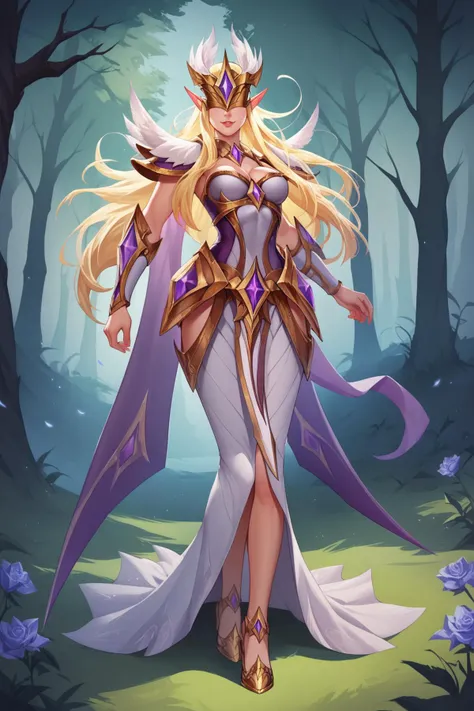 score_9, score_8_up, score_7_up, score_6_up, score_5_up, score_4_up, IlumiaAOVXL, blonde hair, sidelocks, long hair, pointy ears, covered eyes, winged helmet, helmet with purple jewel, medium breasts, purple cape, golden armor, shoulder armor, cleavage, breastplate, white dress, armored dress, vambraces, hip vent, white skirt, long skirt, golden shoes, shoes with purple jewel, solo, standing, seductive smile, looking at viewer, forest, tree <lora:IlumiaAOVXL:0.8>