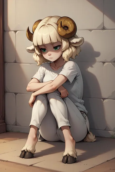 score_9, score_8_up, score_7_up, BREAK 1girl, solo,  <lora:NSWeresheepMGE:0.8> NSWeresheepMGE, green eyes, medium hair, blunt bangs, sheep horns, sheep ears, sitting, hands around knees, expressionless, shaded face, sitting in the corner, white t-shirt, white pants, hooves, padded walls