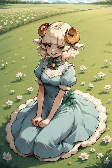 score_9, score_8_up, source anime, 1girl, solo, <lora:NSWeresheepMGE:0.9> NSWeresheepMGE, green eyes, medium hair, blunt bangs, sheep horns, sheep ears, light blue dress, frills, puffy sleeves, bowtie, bell, kneeling, flower field, long dress, happy