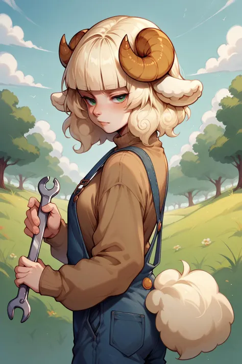 score_9, score_8_up, score_7_up, 1girl, solo, <lora:NSWeresheepMGE:1> NSWeresheepMGE, green eyes, medium hair, blunt bangs, sheep horns, sheep ears, brown sweater, overalls, holding wrench, looking at the viewer, from side, sheep tail