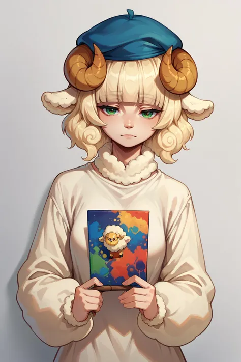 score_9, score_8_up, score_7_up, 1girl, solo, <lora:NSWeresheepMGE:1> NSWeresheepMGE, green eyes, medium hair, blunt bangs, sheep horns, sheep ears, art-studio background, holding a painting, blue beret, paint of face, portrait, looking at the viewer