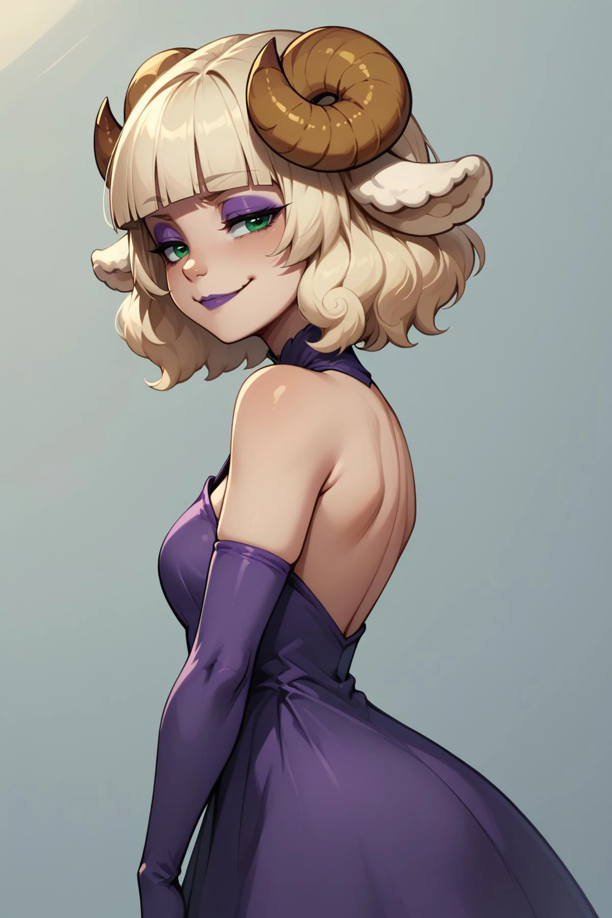 score_9, score_8_up, score_7_up, BREAK 1girl, solo, <lora:NSWeresheepMGE:0.8> NSWeresheepMGE, green eyes, medium hair, blunt bangs, sheep horns, sheep ears, purple dress, purple eyeshadow, purple lipstiick, elbow gloves, bare back, from side, smug