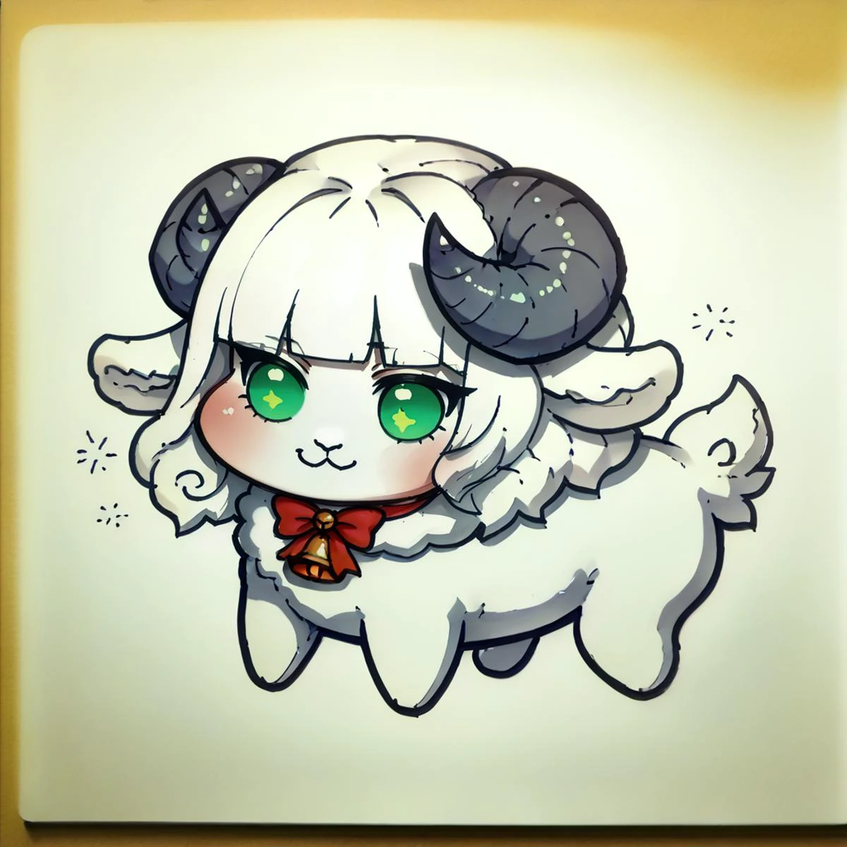 score_9, score_8_up, score_7_up, BREAK 1girl, solo, <lora:NSWeresheepMGE:1> NSWeresheepMGE, green eyes, medium hair, blunt bangs, fur trim, sheep horns, sheep ears, red bowtie, neck bell <lora:traditional_slider_v1_NEGWEIGHT:-1> traditional art, lineart, white background, simple background, <lora:Doro_X_PDXL_V1:1> doro, creature, :3, chibi, no humans, white skin, four legs, solid circle eyes, no pupils
