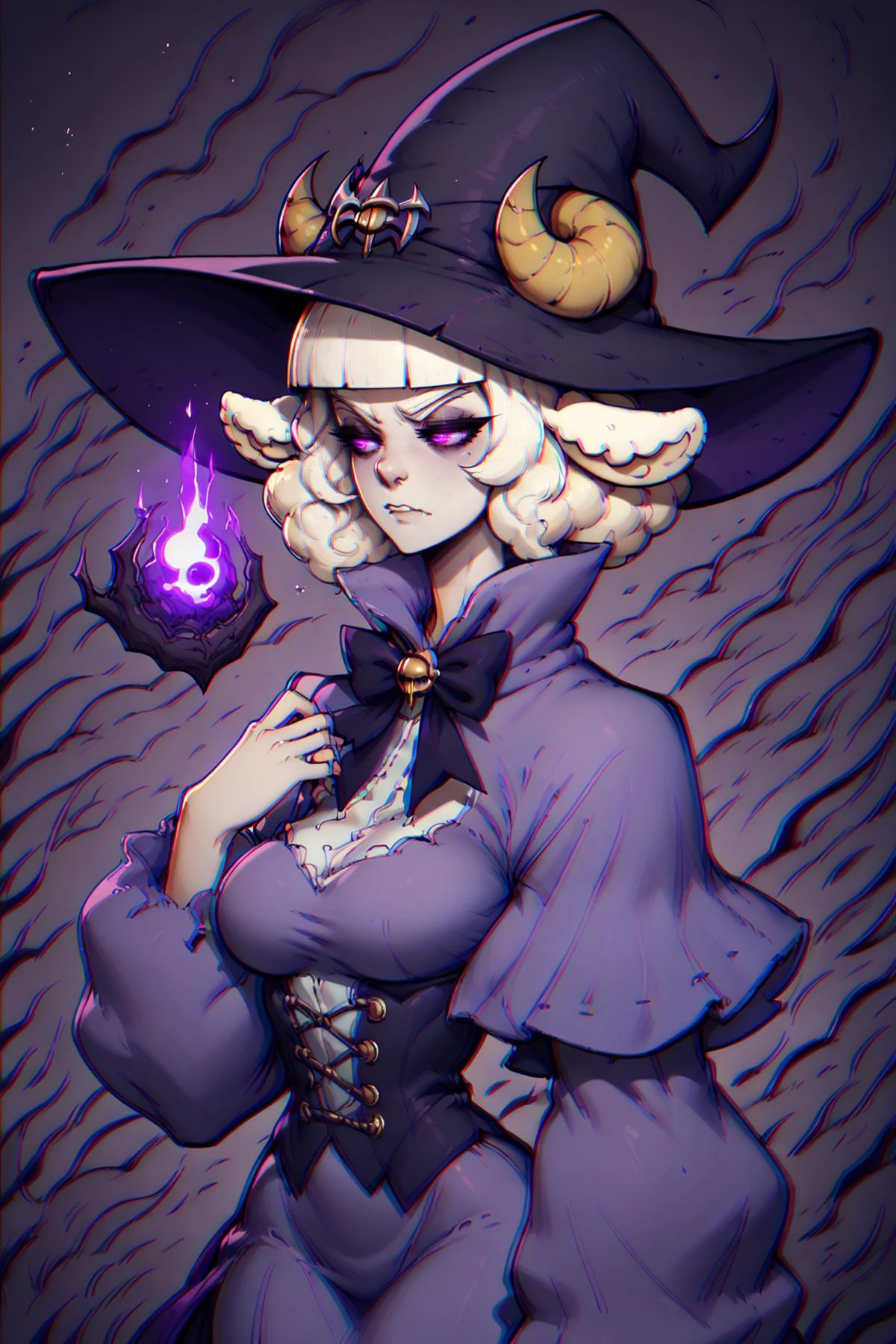 score_9, score_8_up, score_7_up, BREAK 1girl, solo, <lora:NSWeresheepMGE:0.8> NSWeresheepMGE, purple eyes, medium hair, blunt bangs, sheep horns, sheep ears, witch hat, purple robe, glowing eyes, dark, looking at the viewer <lora:chromaticAberrationPDXL2_v3:1.3> chromatic aberration